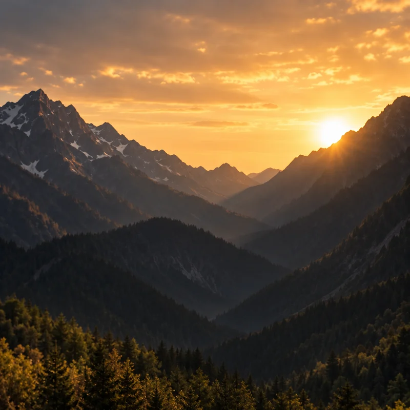 Mountain peaks and a forested valley beneath a golden sunset